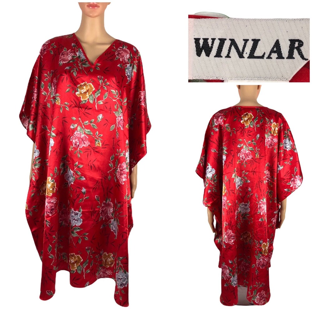 Winlar VINTAGE Print Roses Kaftan Size OS Floral Red Polyester Loose Caftan